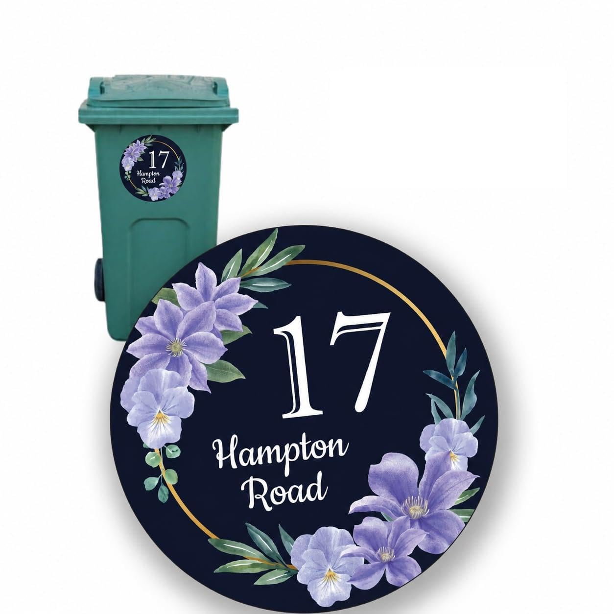 Personalised Bin Number for Wheelie Bin Stickers Set of 2 A5, Custom House Number & Street Name, Waterproof Vinyl Decal, Purple Floral Design