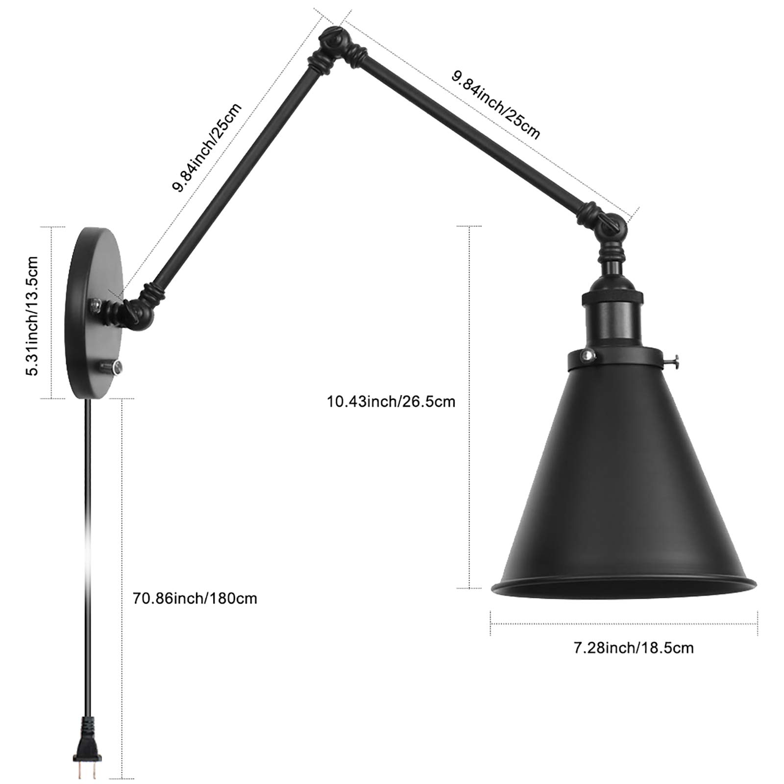 EE Eleven Master Industrial Wall Light Black Paint Finish Plug in Adjustable Arms with On/Off Switch for Bedroom Wall Sconce Fixture Metal Plug-in Wall Lamp (1-Light)