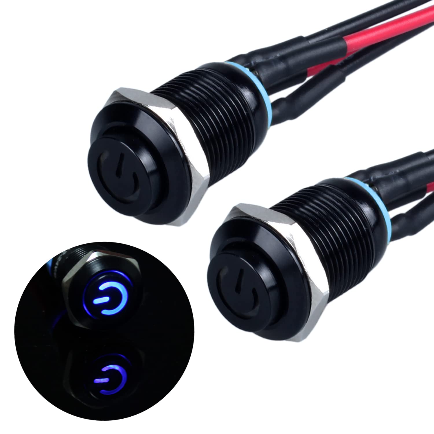 JIQI2 x 12 mm Momentary Waterproof Pressure Switch 12 V to 24 V 2 A IP66 Button with LED Lighting Black Metal Housing Momentary Push Button with Connection Wires for Car DIY (High Head, Blue)