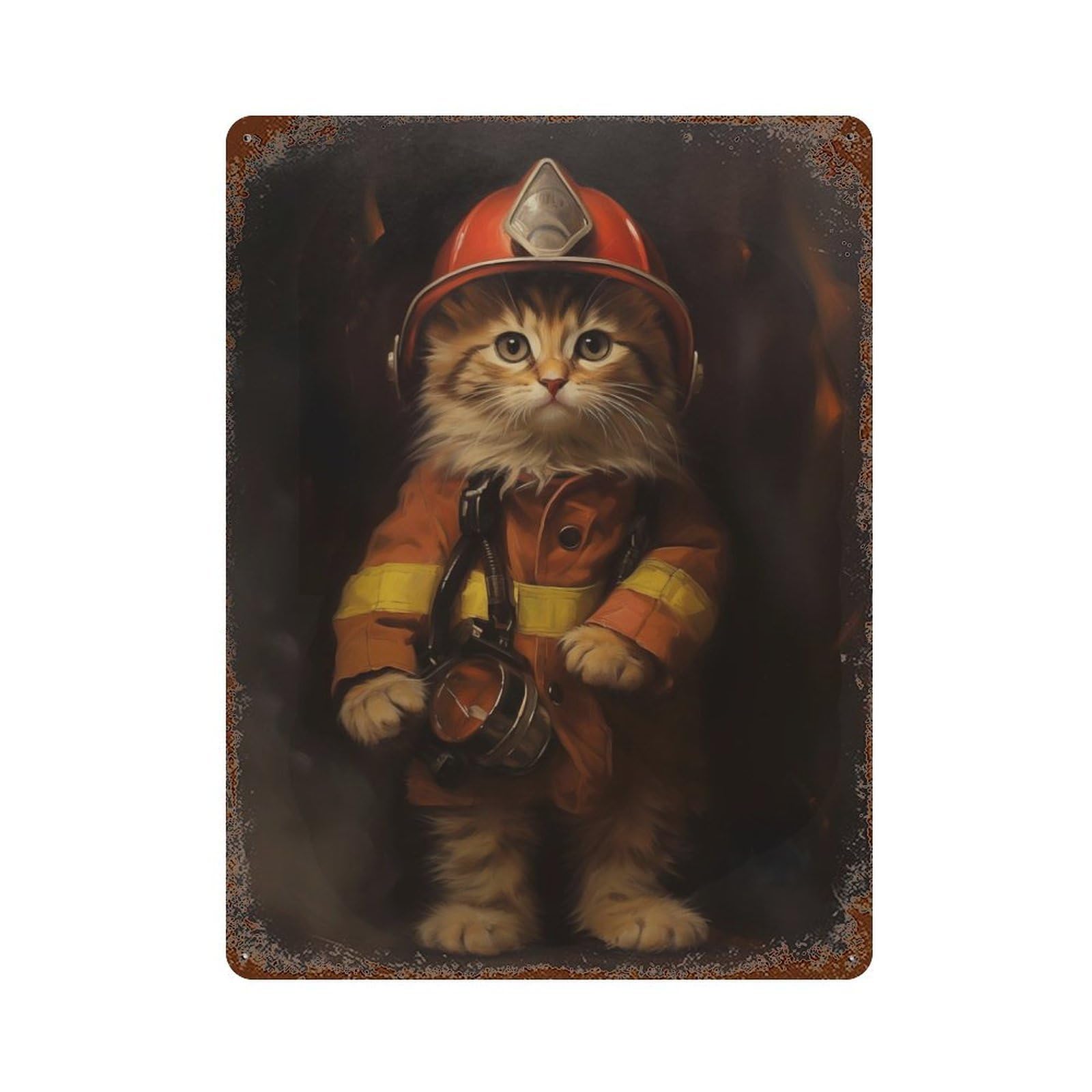 Kitty Firefighter Decorative Tin Sign 15.7"x11.8", for Bistro, Counter And Cafe Decor, Retro Wall Decor