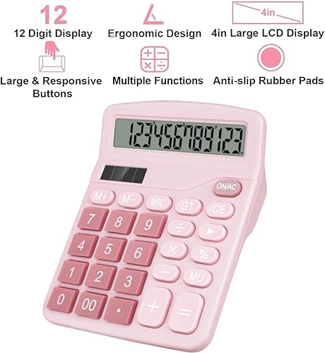 Miniatura 3 de Bonita calculadora básica de escritorio para niños, doble energía solar y de batería, 4 funciones simples y cálculos financieros básicos con botones