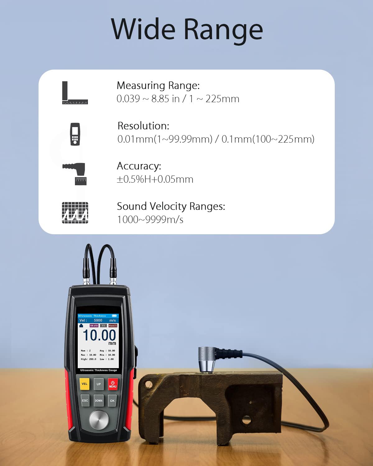 LABART Digital Ultrasonic Thickness Gauge Tester Meter, Range 0.039 to 11.8 inch with Probe for Measuring Metal and Nonmetal Materials, Steel, Silver, Plastic, Glass, PVC, Pipes - Image 2 thumbnail