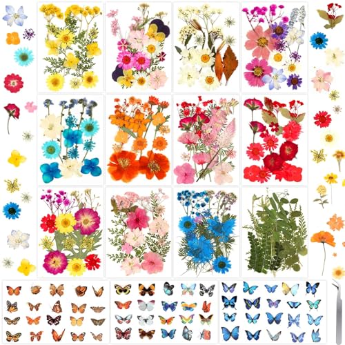 Image of 300 Pcs Real Dried Pressed Flowers & Butterfly Stickers for Resin Crafts | Natural Dry Wildflowers Leaves with Tweezer for Resin Jewelry Molds, Candle, Soap, Scrapbook, Bookmark, Frame, Card Making