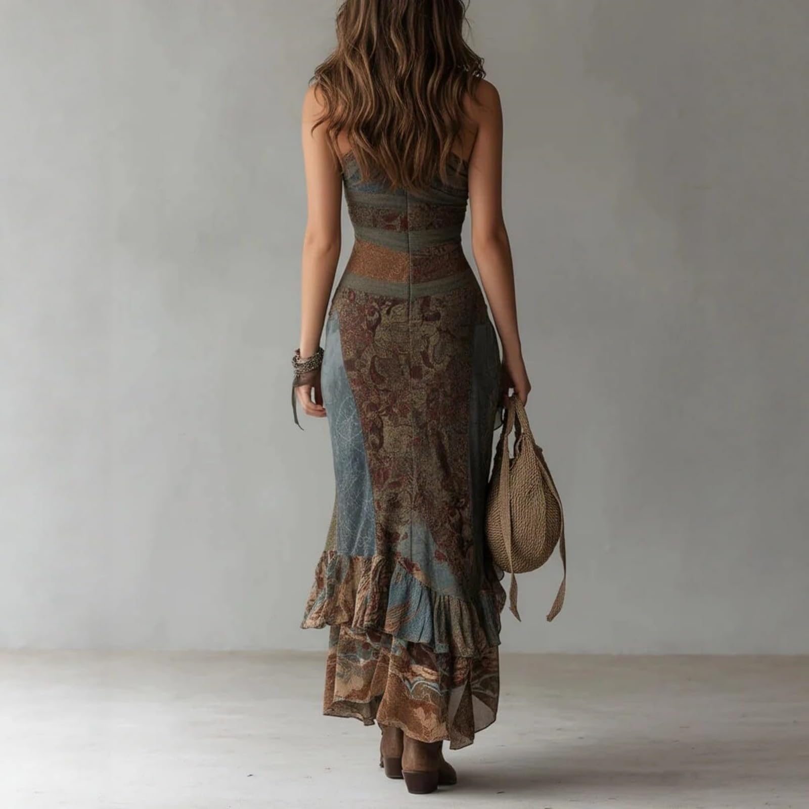 Generico Maxi Abito Boho da Donna con Stampa Paisley e Monospalla – Abito Lungo Estivo Senza Maniche, Bodycon, con Orlo Asimmetrico a Balze e Spacco Profondo