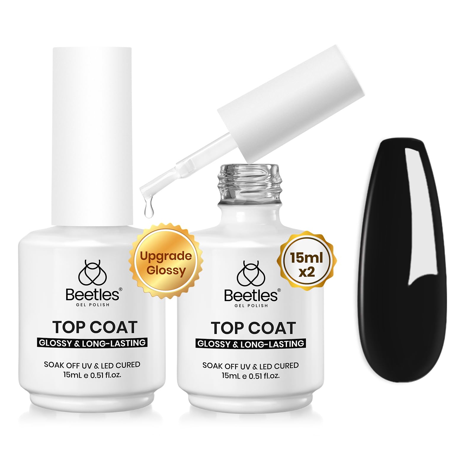 Beetles Extra Glossy No Wipe Gel Top Coat, 2 Pcs 15ml Super Shiny Clear Glossy Top Coat Gel Nail Polish, Soak Off Uv Nail Lamp Nail Salon Manicure DIY Home Gifts for Women