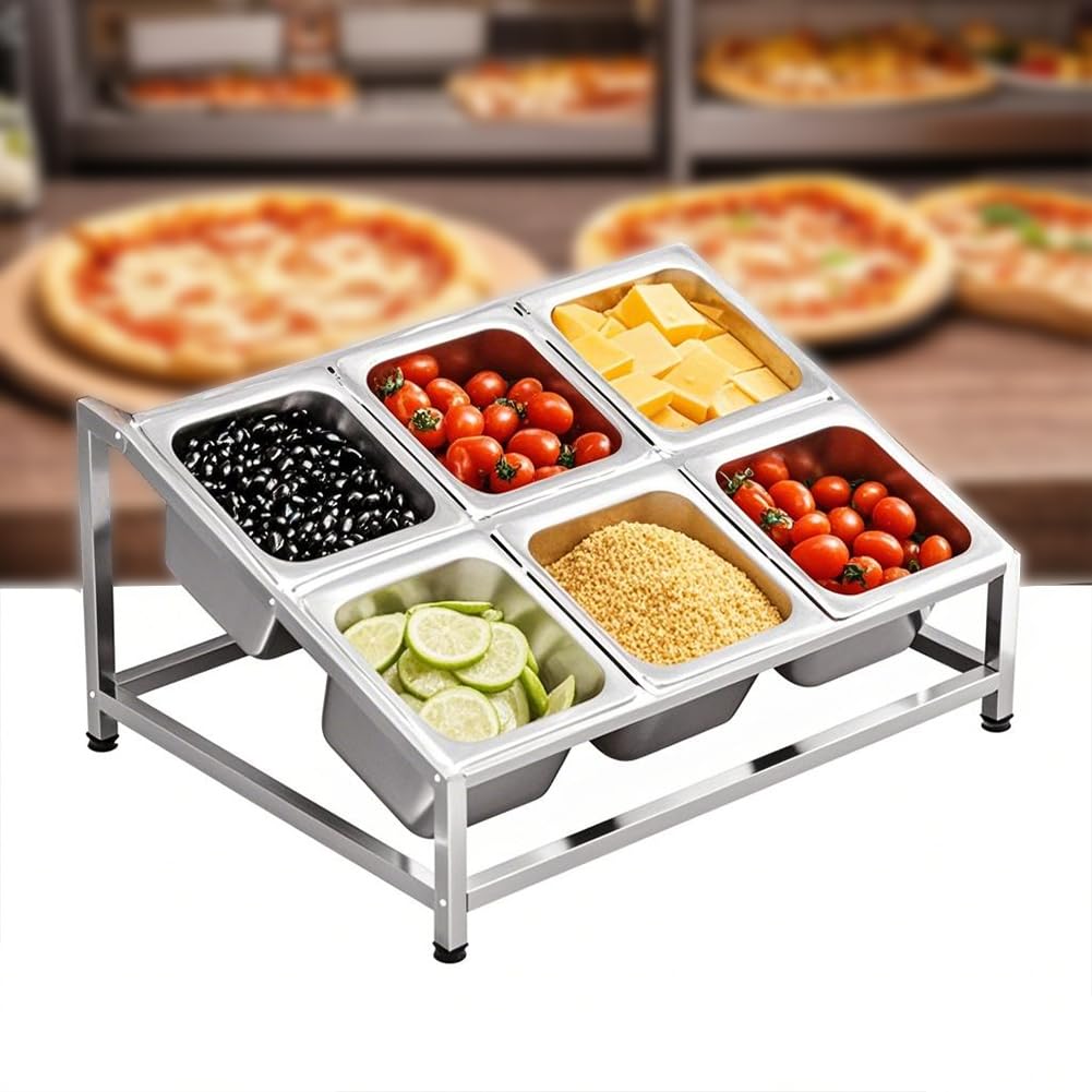 Edelstahl -Gewürzbehälter Mit Deckel, 6 Fachpizza -Top -Station, Buffet -Gewürzspender Display, Doppelschicht -Gewürzbehälter