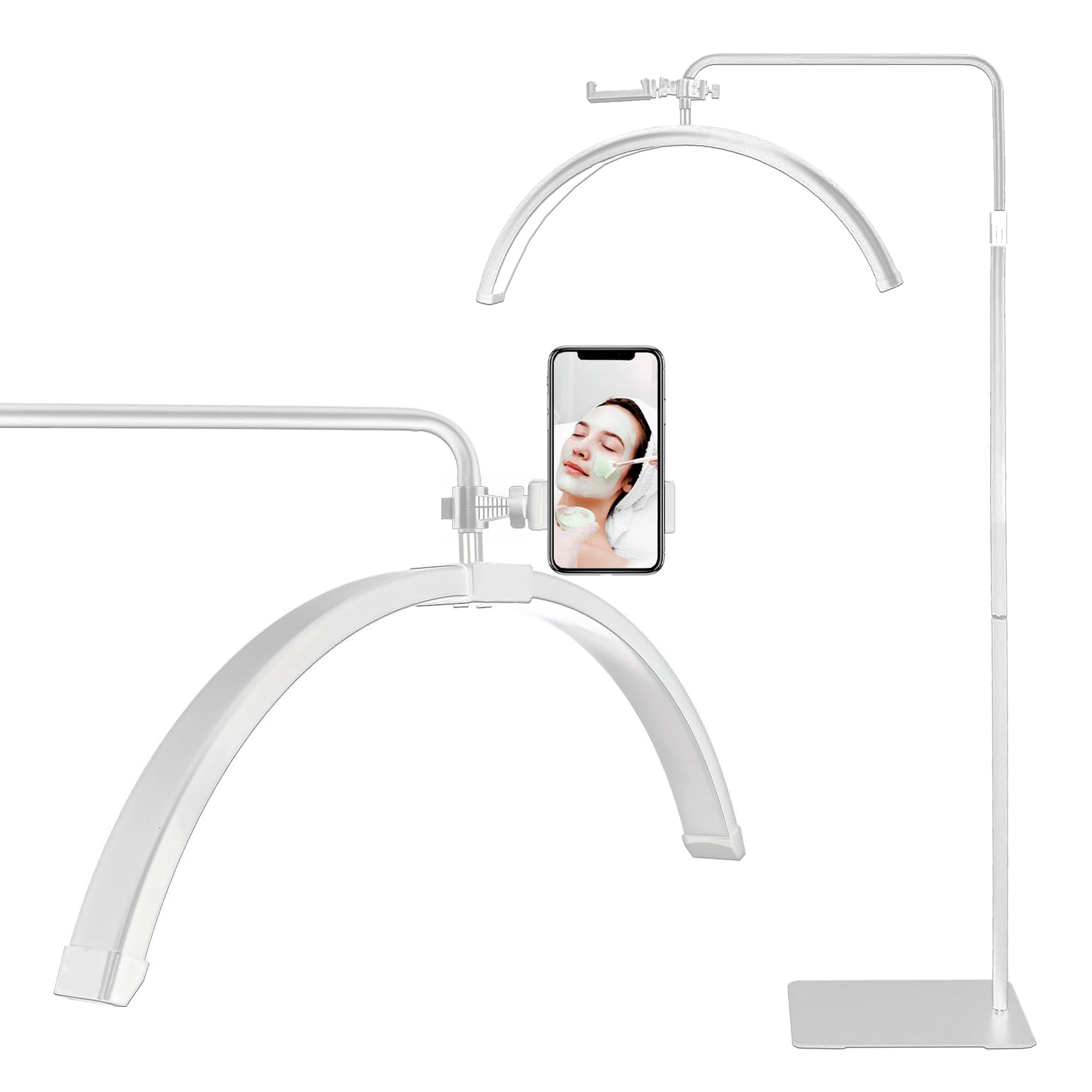 Eyelash Tech LED Floor Lamp Adjustable Brightness Rotatable Half Moon Standing Lamp Lash Extension Artists Light Beauty Skincare Eyebrows Tattoo Phone Holder Facial Salon Makeup (White)