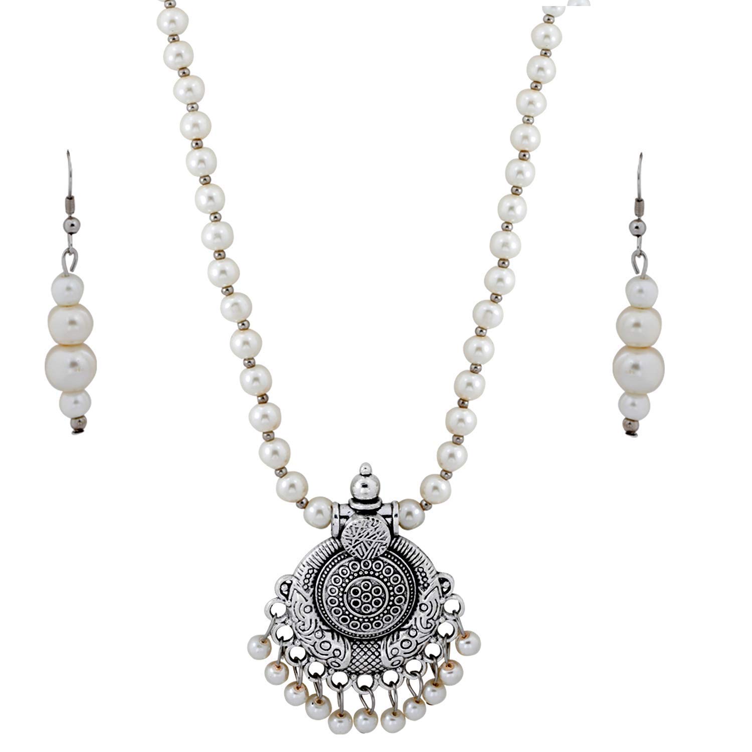SILVER SHINE White Oxidized Silver-Plated Traditional Long Pearl Drop Round Pendant Necklace Set for Women (White) (B08HL467KR) Amazon Price History, Amazon Price Tracker