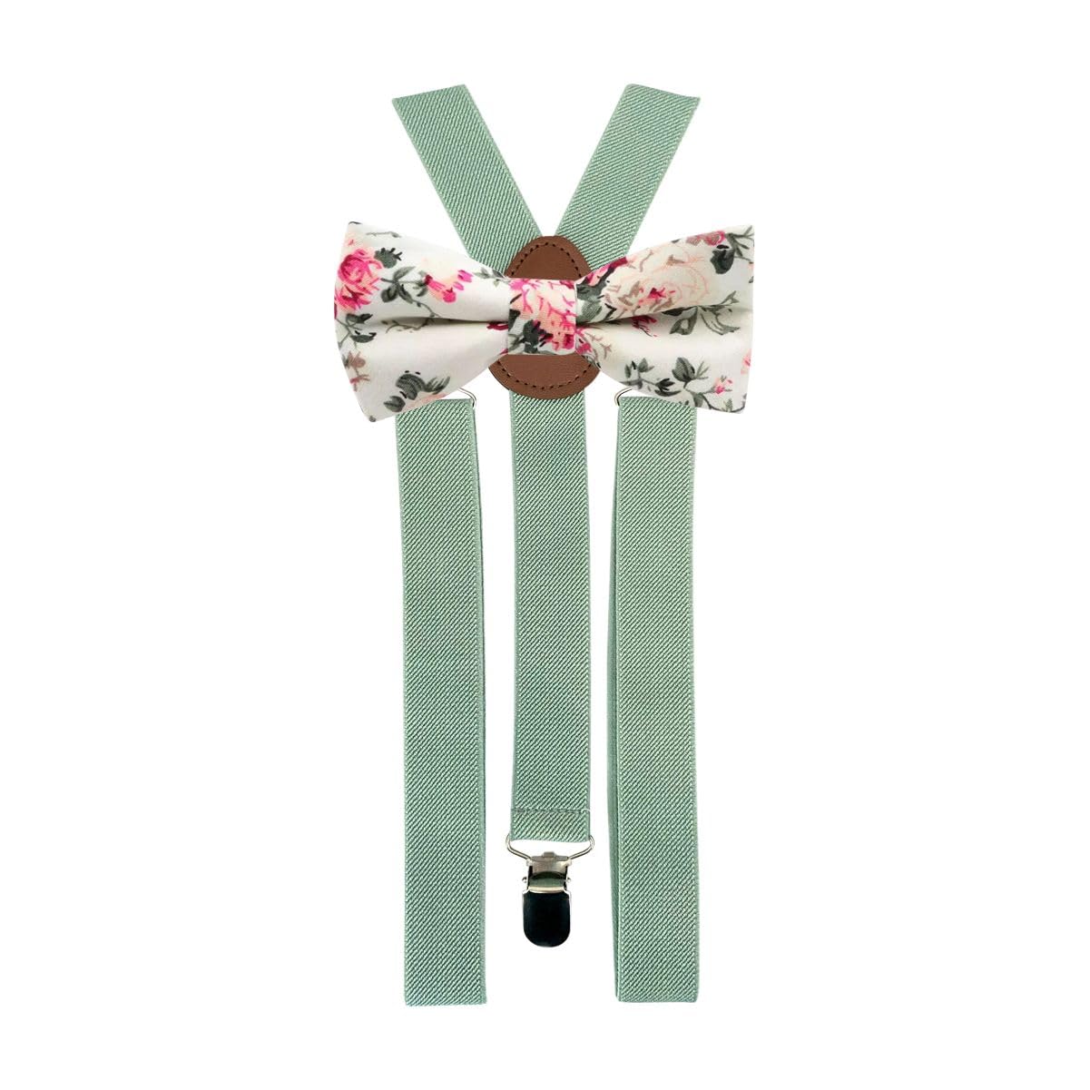 Children's Kids Boys Cotton Bow Tie & Braces Set (Cream Floral Bow Tie & Eucalyptus Braces)