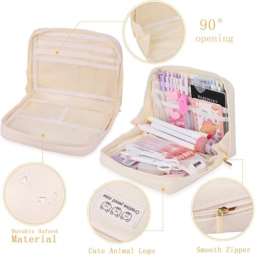Miniatura 3 de Oyachic Estuche de lápices beige, bolsa de lápices de apertura amplia, bolsa de lápices Oxford, estuches para adultos, mujeres, suministros de
