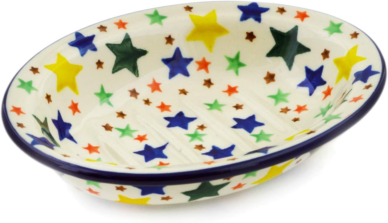 Polmedia Polish Pottery Soap Dish - Star Fiesta Pattern Handmade in Boleslawiec Poland by Ceramika Artystyczna + Certificate of Authenticity