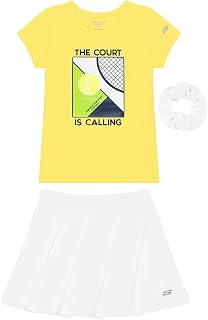 Girls Tee Shirt Skort 2 Piece Set Graphic Top with Pleated Skort Two Piece Set with Included Scrunchie