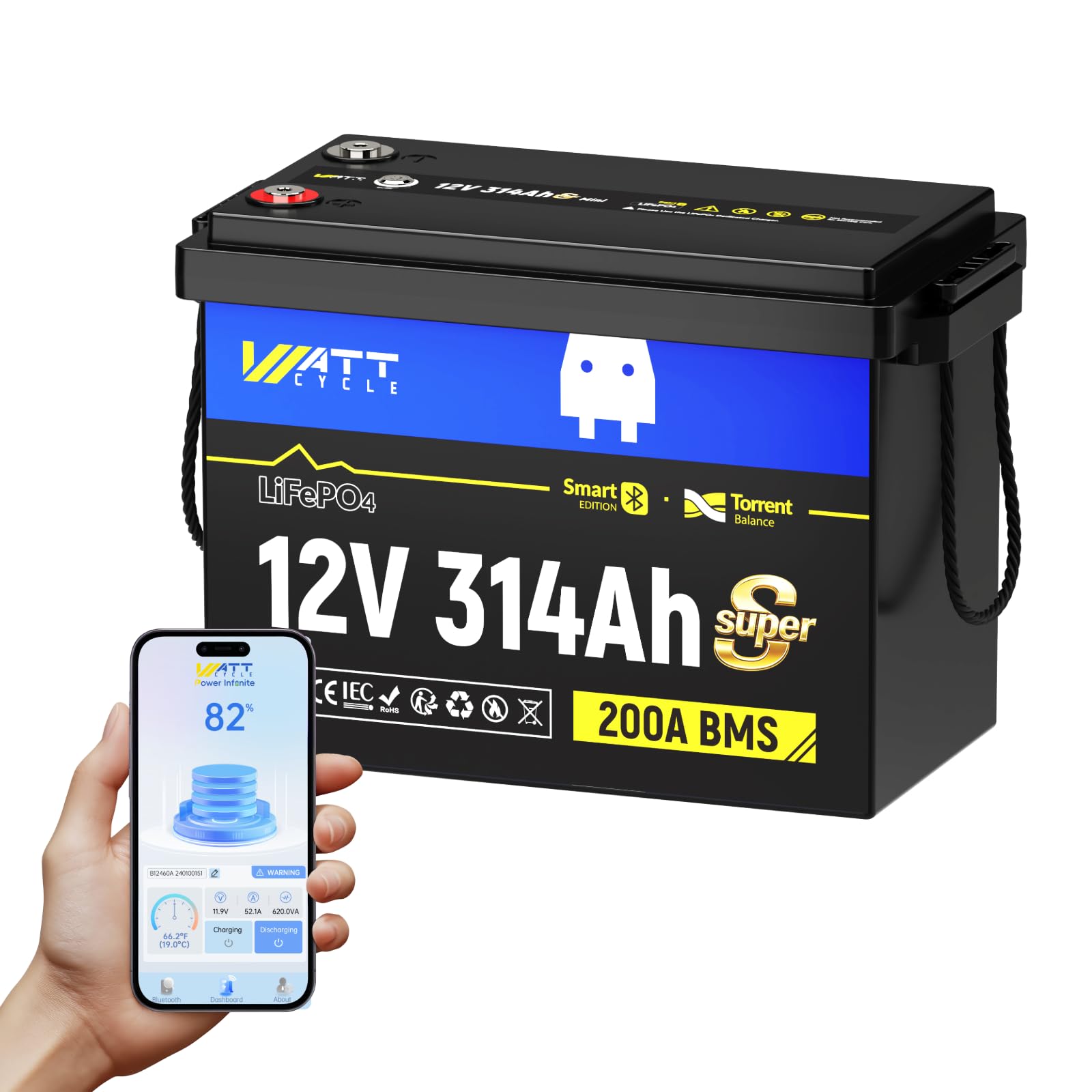 Wattcycle 12V 314Ah Mini LiFePO4 Battery 200A BMS Bluetooth 4.01kWh
