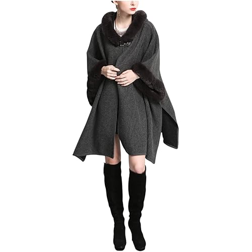Gihuo Women's Luxury Batwing Sleeve Faux Fur Hooded Cloak Poncho Sweater Cape