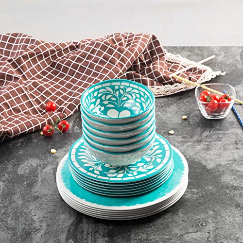 Teal Dinnerware Set - Melamine 12 Piece Dinner Dishes Set for Camping Use, Lightweight