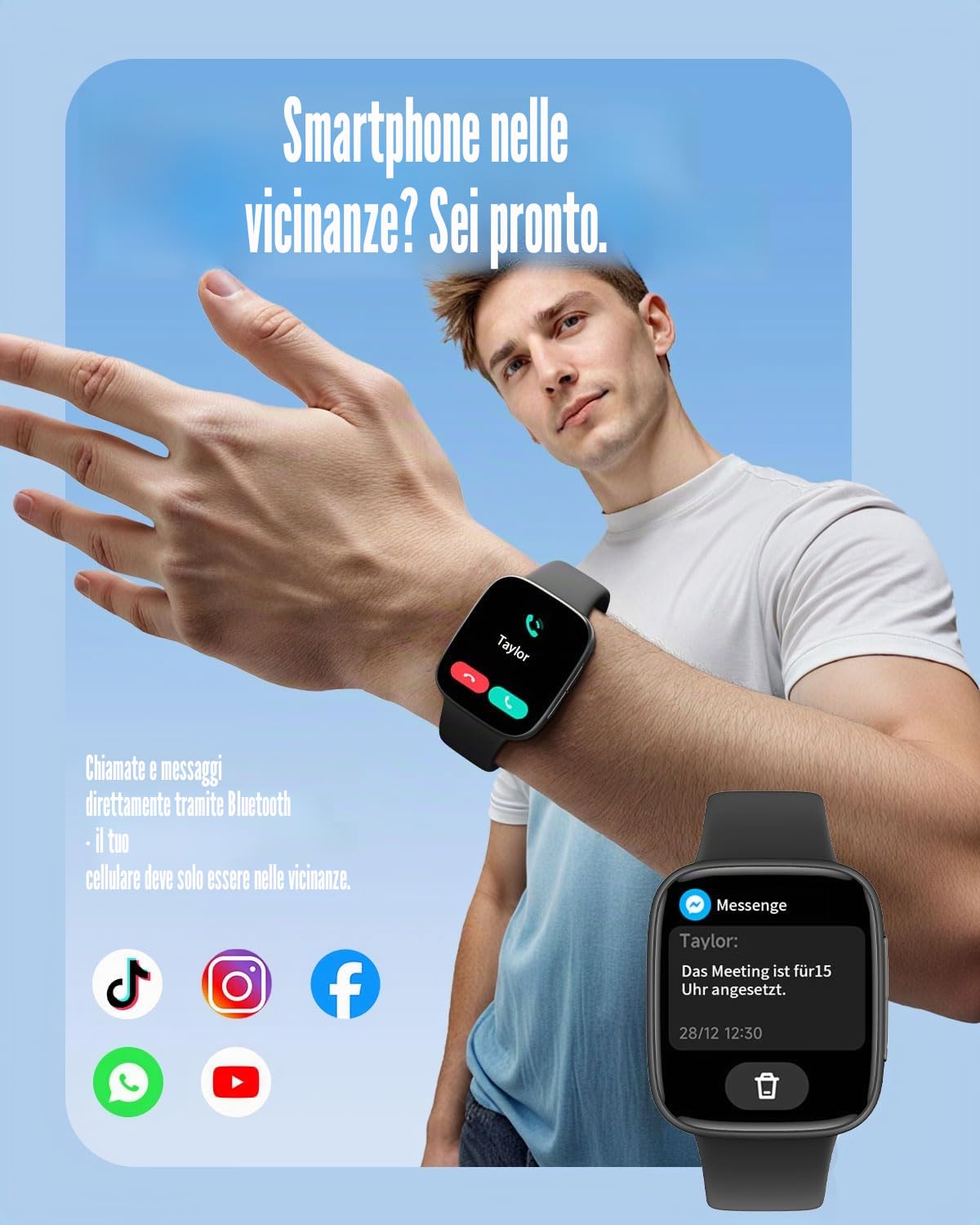 Smartwatch Donna Uomo, Schermo AMOLED Ultra Nitido, Impermeabile 3ATM, Chiamate in Entrata/Uscita, Orologio Fitness con Cardiofrequenzimetro/Sonno/100 Sport, Compatibile con Android/iOS
