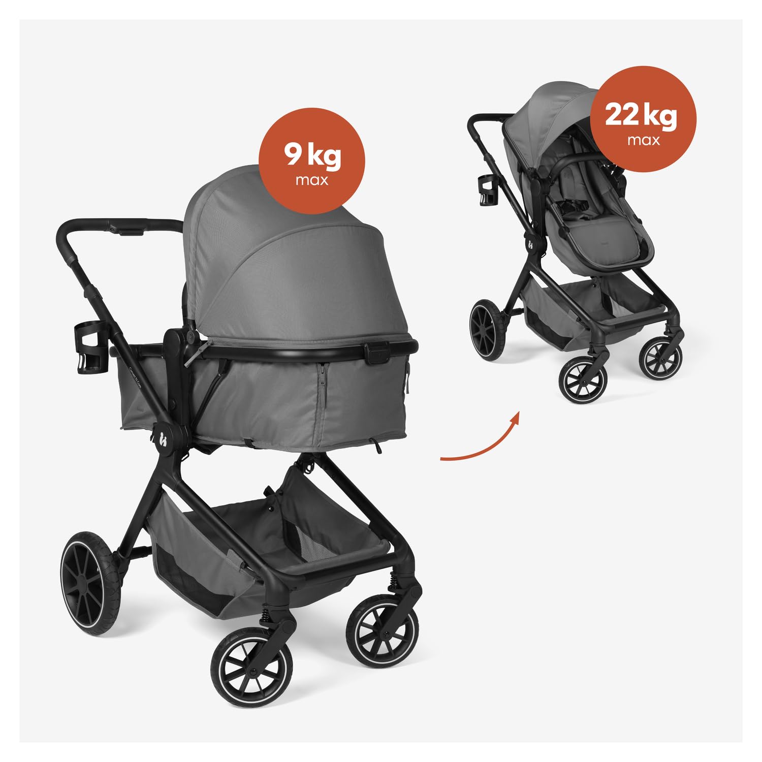 hauck Convert N Care Passeggino 2 in 1 Con Navicella e Seduta Reversibile dalla Nascita a 22 kg, Sistema Modulare, Ruote in Gomma, Sospensioni, Protezione UV 50+, con Adattatori Ovetto - Dark Gray