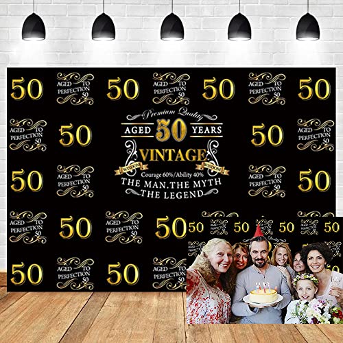 OERJU 12x10ft Happy 50th Birthday Backdrop for The Man The Myth The Legend Birthday Party Background Banner Black Gold Photography Photo Aged 50 Years Fifty Birthday Back Drops Vinyl Studio Props
