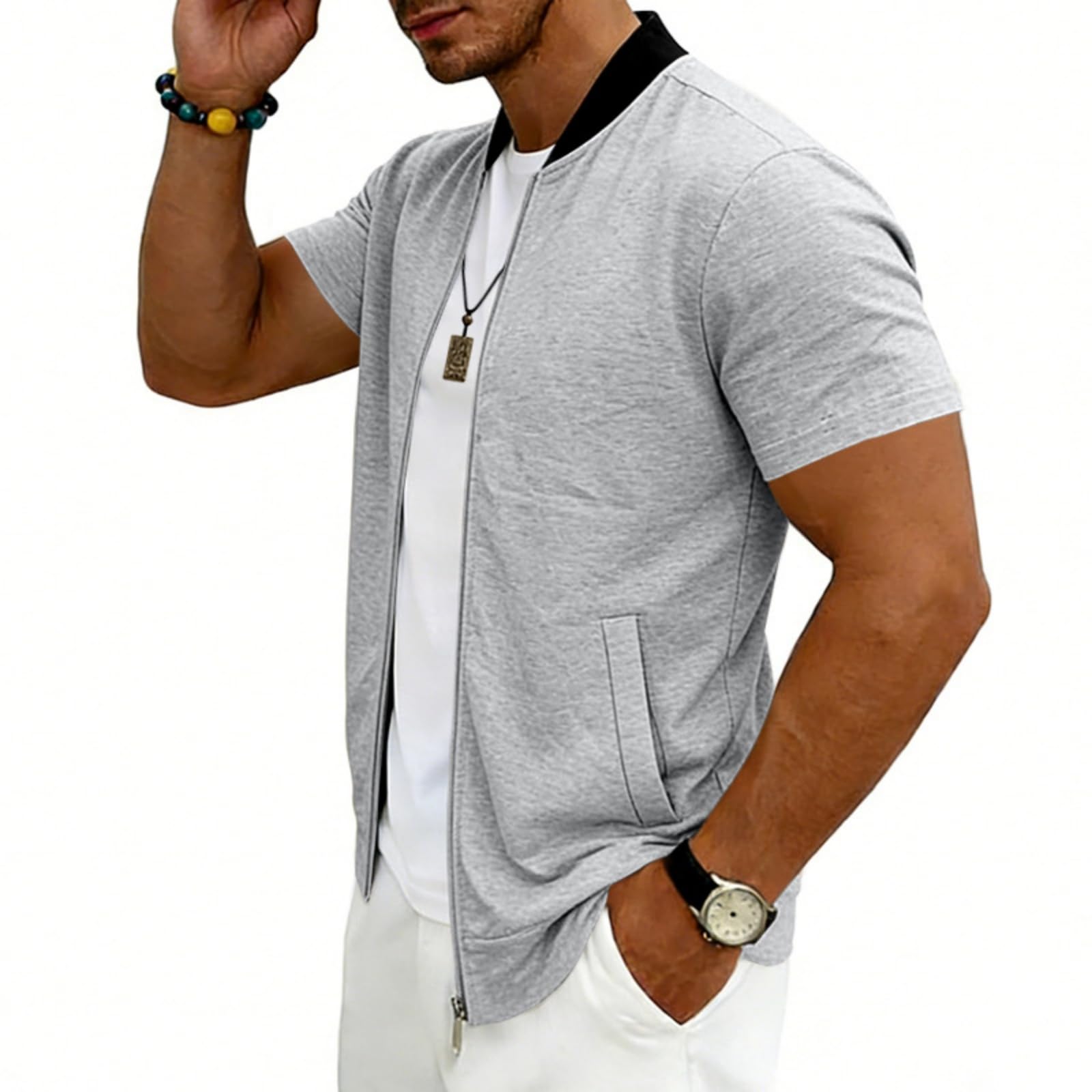 Generisch Herren Kurzarm Sommer Jacken Herren Leichte Baseballjacke mit Stehkragen Reißverschluss Leichte Bomberjack Outdoorjacke Lässige Übergangsjacke für Alltag BüRo und Reisen