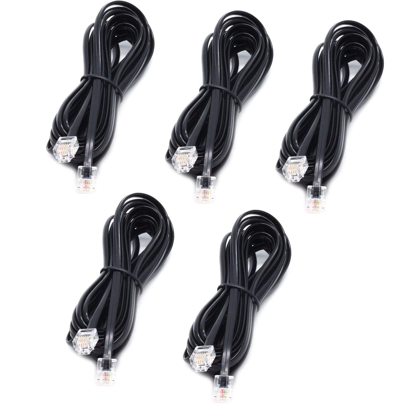 Sscon Telefon-Festnetz-Verlängerungskabel, Kabel mit Standard-RJ-11 6P4C-Stecker, Schwarz, 5 Stück