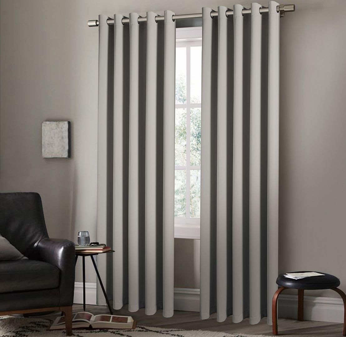 StylemyBedroom Pair of Eyelet Ring Top Thermal Blackout Curtains with Tie Backs – Plain, Insulated, Energy-Efficient, Light-Blocking, Noise-Reducing, Lined Design (Silver,46" x 54" (116x137cm))