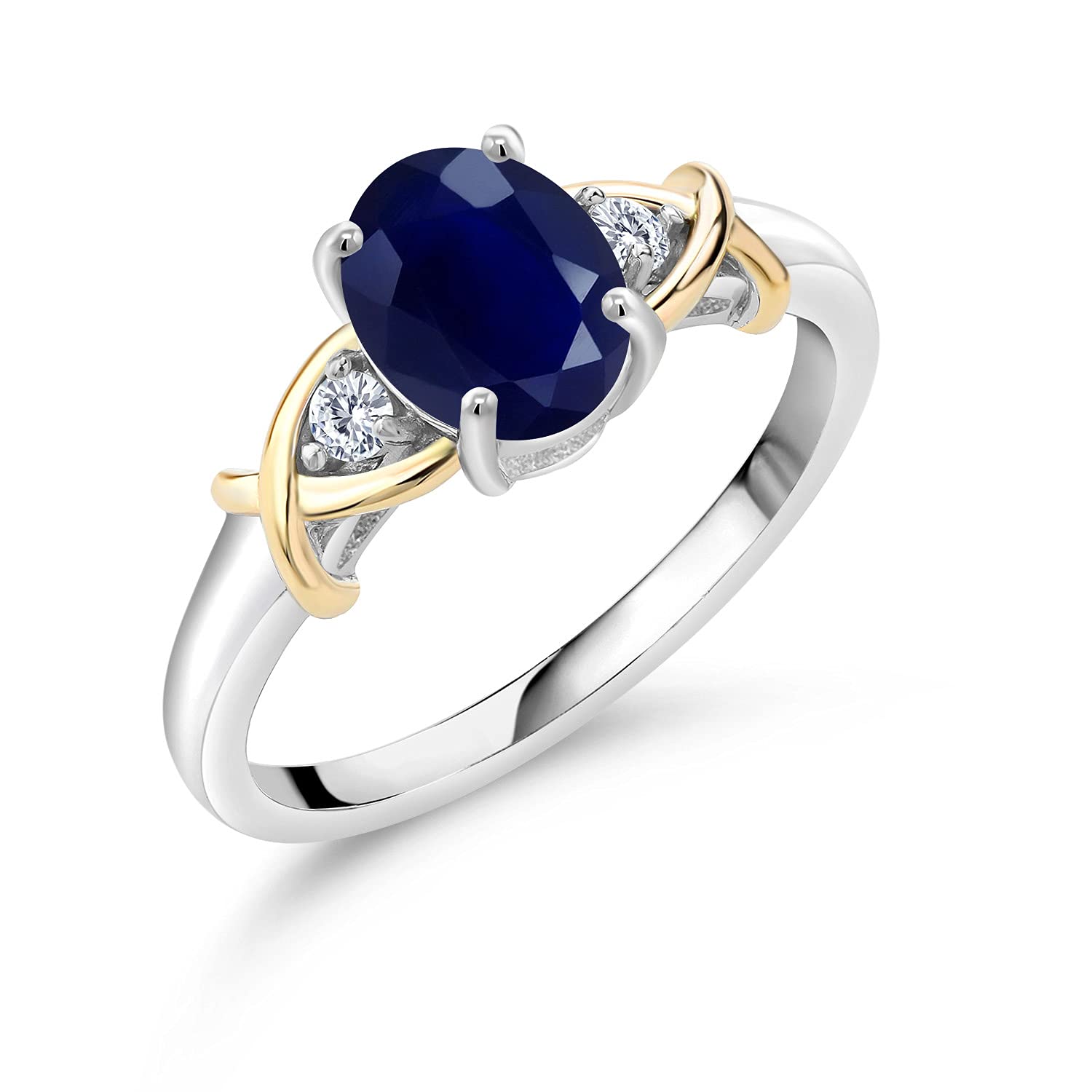 Gem Stone KingGem Stone King 10K Yellow Gold and 925 Sterling Silver Blue Sapphire and White Lab Grown Diamond Engagement Ring For Women | 1.88 Cttw | Oval 8X6MM | Ring Size 5-9