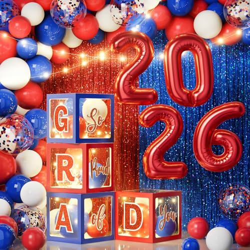 2026 Graduation Decorations 86PCS Red and Blue Graduation Party Decoration Supplies Grad Balloon Arch Kit with Led Light Strings Balloon Boxes with Letters & Foil Curtains for High School College