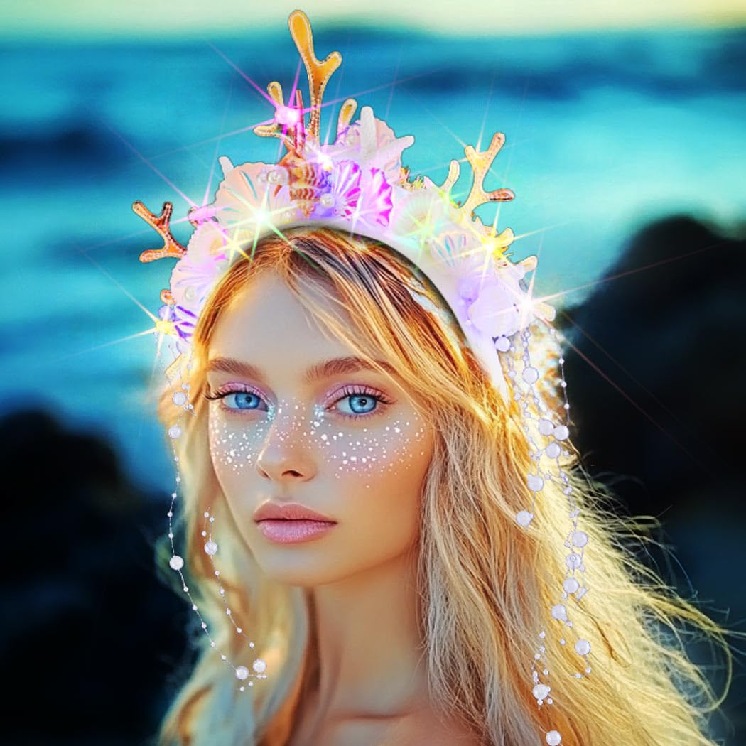 Handcess Light Up Mermaid Costume Headband Led Starfish Headpiece Glow Fairy Headbands Glowing Shell Coral Hair Accessories For Women - Image 4