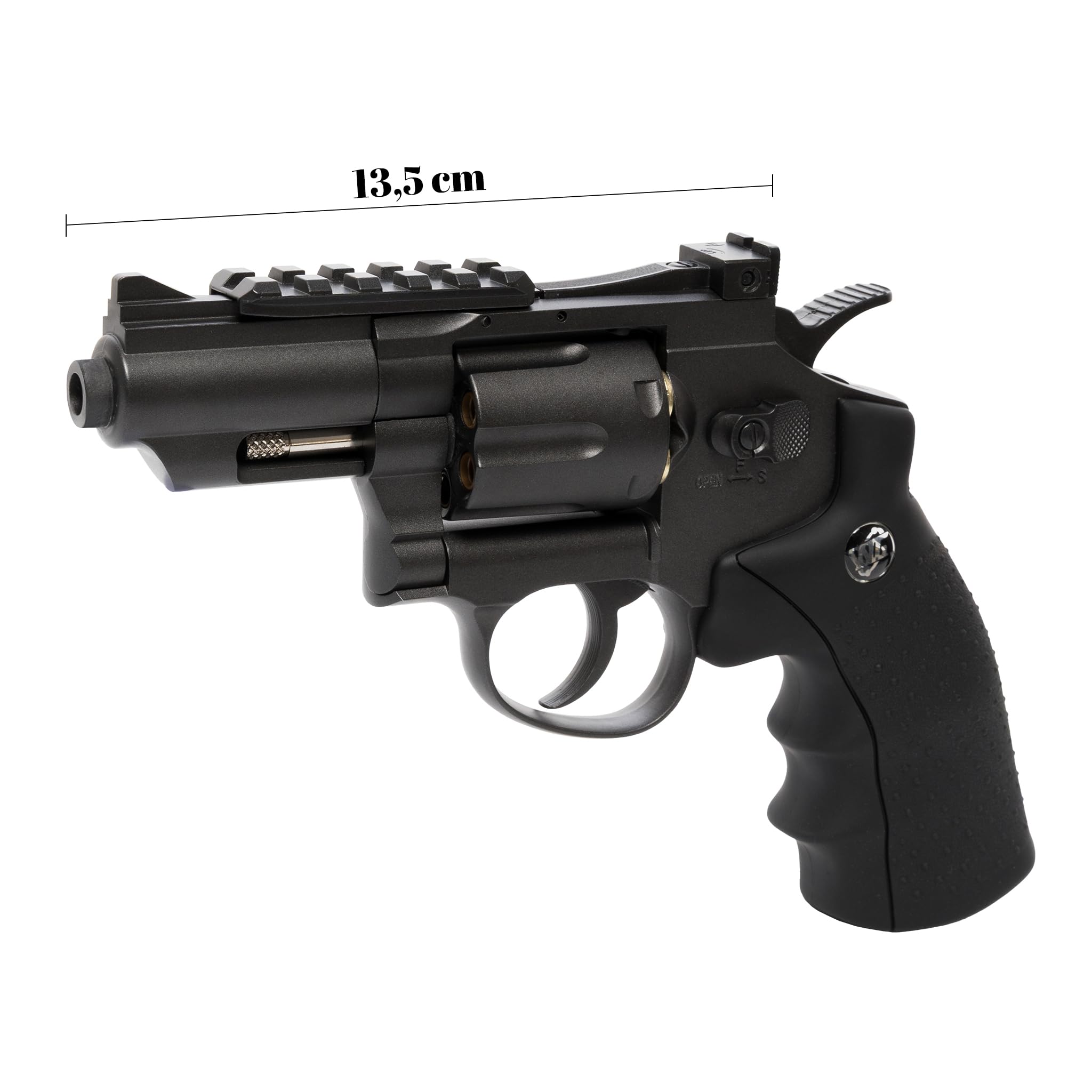 Pistola Softair Revolver, Pistola a Pallini, 5 bombolette Co2, 1000 Pallini 6mm, caricatore, 6 bossoli, Airsoft, Pistole Softair, potenza 0,9 joule, dimensioni cm 34x12,5