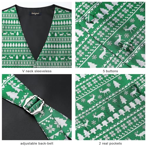 Enlision Mens Christmas Suit Vest Xmas Holiday Tree Snowflake Vest Tie Pocket Square Set Jacquard Waistcoat Party4