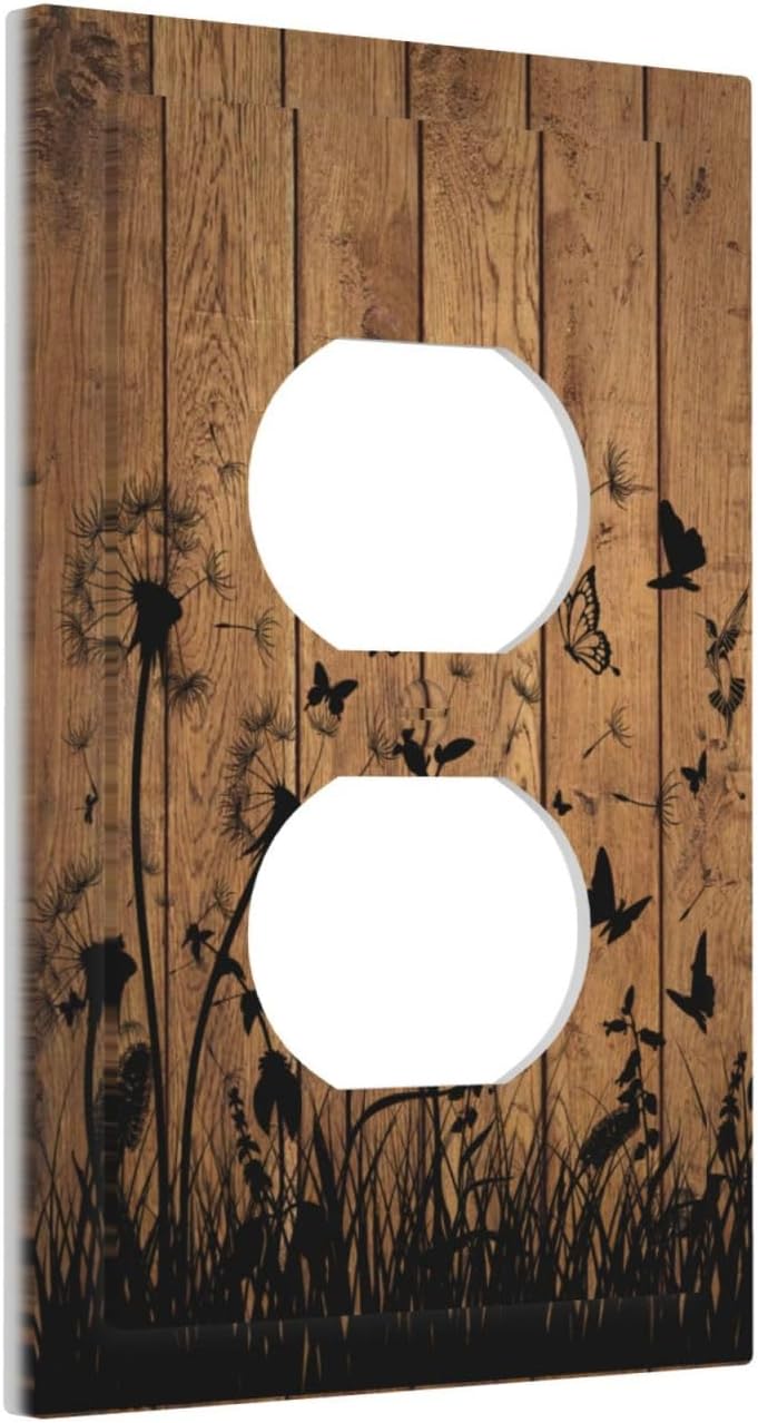 Rustic Brown Wood Wildflower Farmhouse Decorative Duplex Outlet Cover Light Switch Cover Device Wall Plate Electrical Faceplate for Bathroom Home Country Decor Accessories 5" x 3"