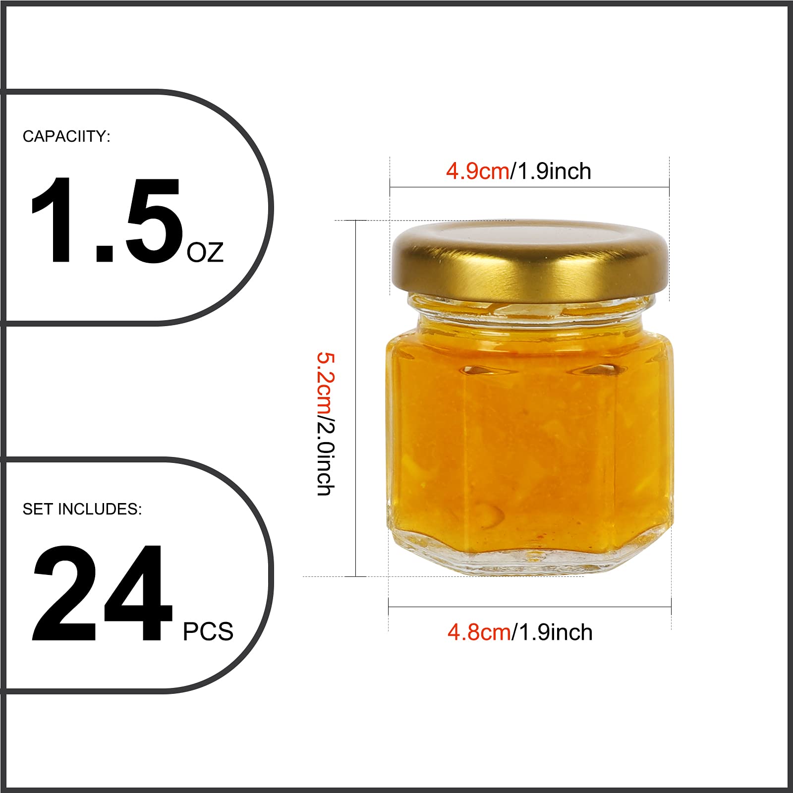 Barattoli esagonali in vetro da 42.5 g, con coperchio a vite dorato, confezione da 24 barattoli da 45 ml, per marmellate, frutta, noci, gelatine, alimenti per bambini o dessert fatti a mano