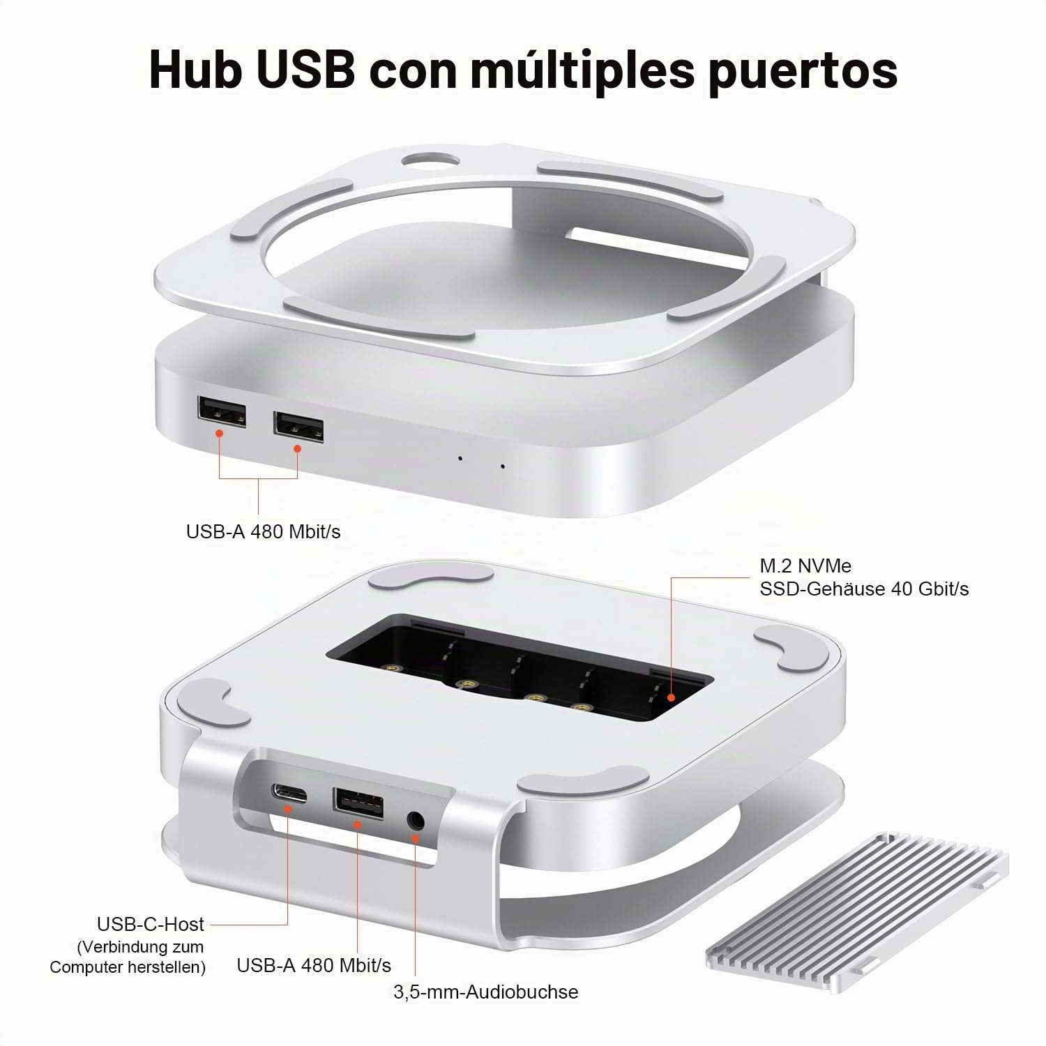 Qwiizlab Hub di supporto in alluminio con USB4 40Gbps Thunderbolt SSD Enclosure per Mac Mini M4/M4 Pro, 3 USB-A 2.0, supporta M.2 NVMe PCIe SSD Fino a 8TB (Argento)