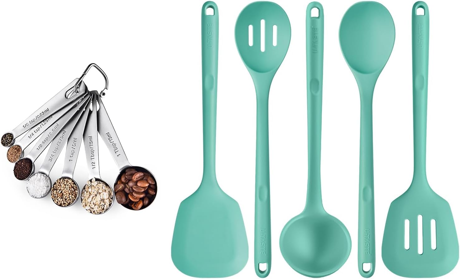 18/8 Stainless Steel Measuring Spoons Set for Dry and Liquid Ingredients (Set of 7), and 600℉ Heat Proof BPA-Free Solid/Slotted Sturdy Cooking Utensil Set of 5 for Non Stick Cookware, Aqua Sky