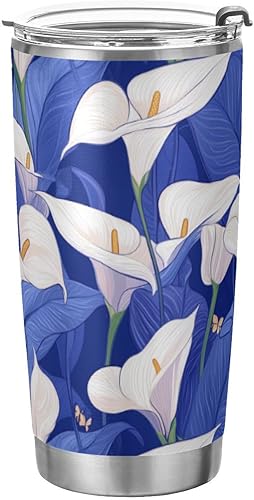 Nature Calla Lily - Taza de café de acero inoxidable azul real con tapa con tapa de pajilla, taza de viaje para café caliente para acampar, vasos a