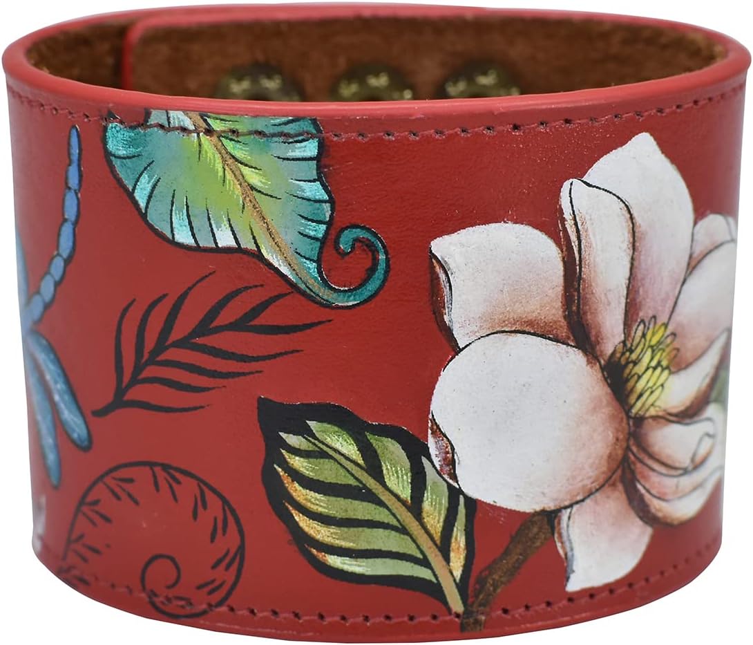 Anuschka Women’s Leather Cuff – Hand-Painted Genuine Leather Cuff with Adjustable Snap Button Closure - 1176, Crimson Garden