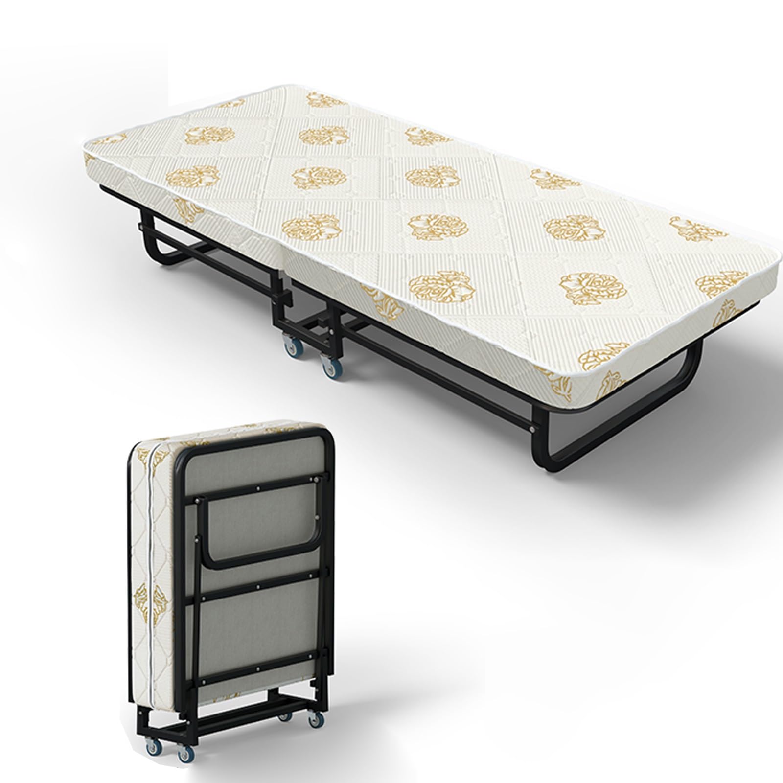 Brandina Pieghevole con Materasso da Campeggio Stabile Struttura con Telaio in Acciaio Letto Singolo Pieghevole con Ruote per Casa Ufficio(190x70x41cm)