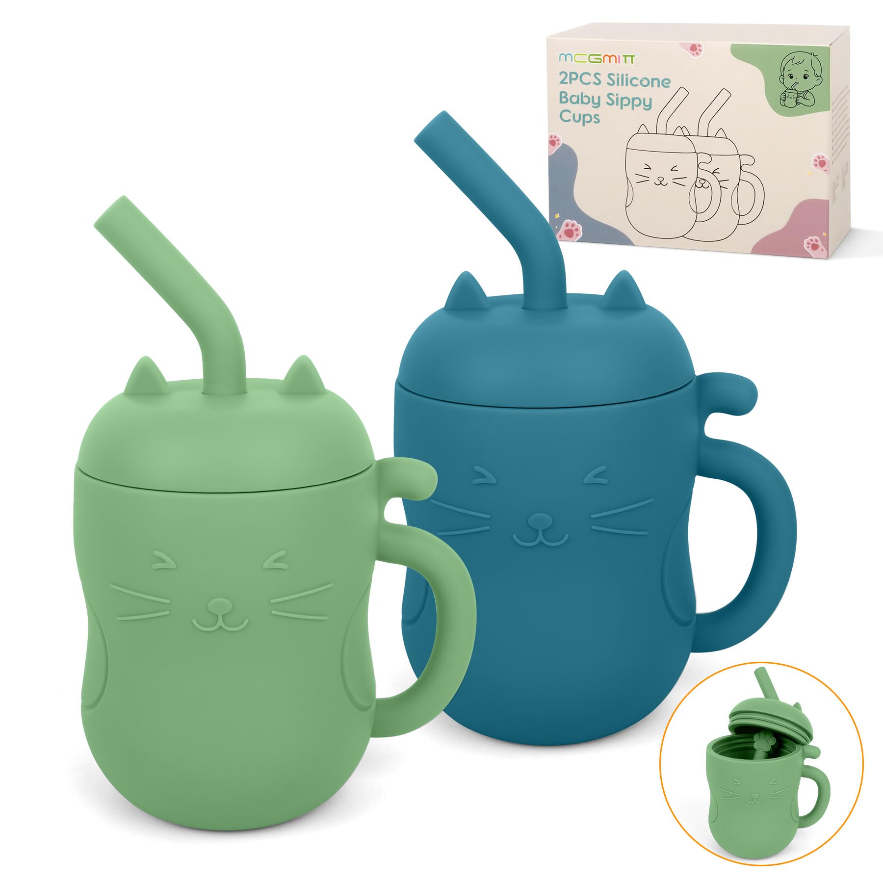 MCGMITT 2 Pack Baby Sippy Cups, Silicone Trainer Cups with Straw & Open Cup, Leakproof Baby Drinking Cups for Weaning, BPA Free Toddler Cups with Easy Grip Handle, 150 ml