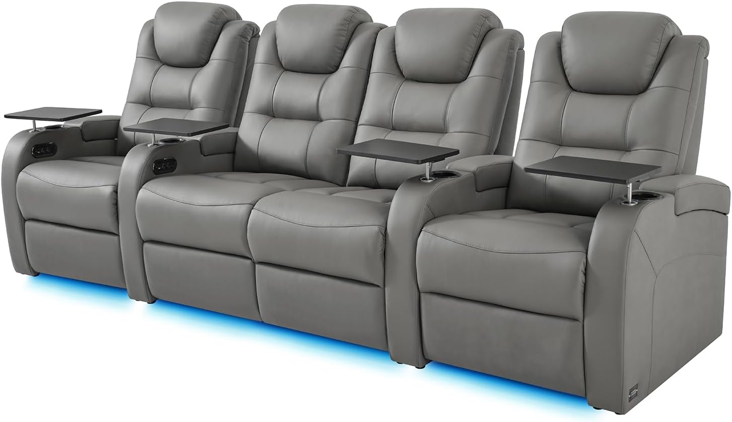 comfiroom Home Theater Seating Simple Style Top Grain Nappa Leather Recliners Chair Dual Power Movie Gaming Sofa Chair Electric Headrest with Tray Table Type-C USB Charger (Black, Row of 1)