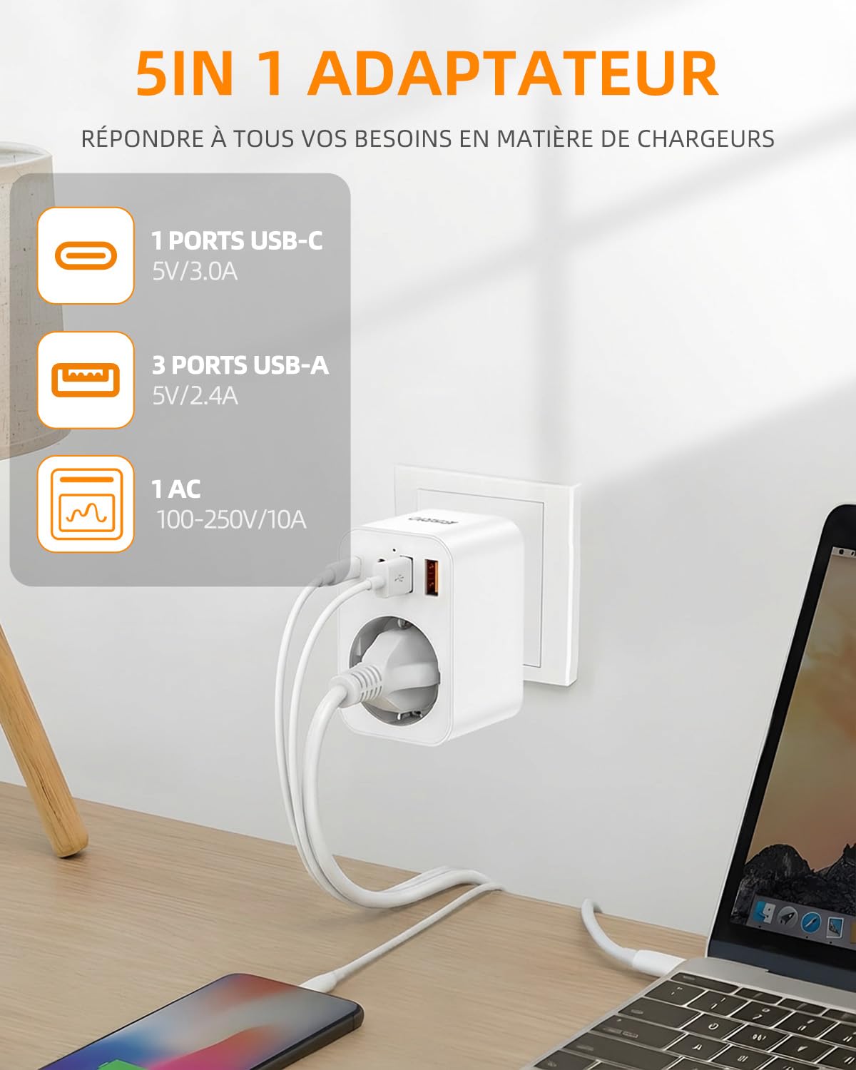 Kit d'adaptateur Prise Universelle, Adaptateur Voyage avec USB-A/Type-C, Adaptateur de Prise de Type G/B/I/A/M/D Adaptateur Universel de Voyage pour Le Royaume-Uni/Les États-Unis/l'Australie/Le Japon