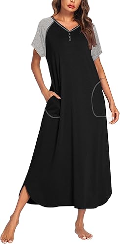 Ekouaer Camisón largo para mujer, ropa de descanso, manga corta, ropa de dormir, camisa de dormir de longitud completa con bolsillos