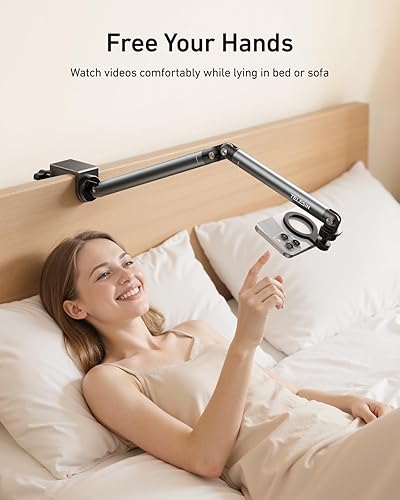 Miniatura 7 de TELESIN Soporte magnético para teléfono para escritorio y cama, fuerte magnético, soporte para tableta con brazo largo, base de rotación ajustable