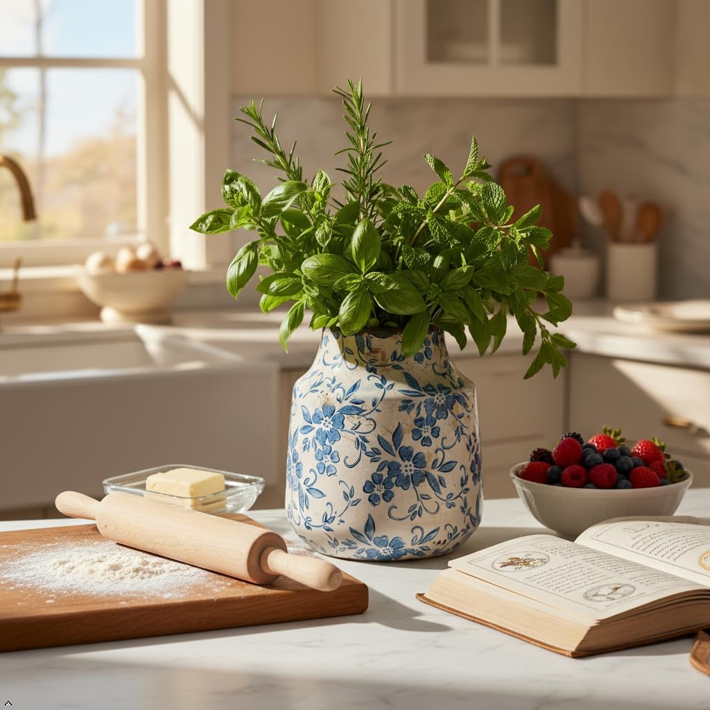 Blue and White Ceramic Vase 7” – Vintage Floral Pottery Vase with Crackle Glaze For Greenery, Branches, Small Bouquets – Farmhouse Cottage Table Shelf Mantel Decor – Waterproof Flower Vase