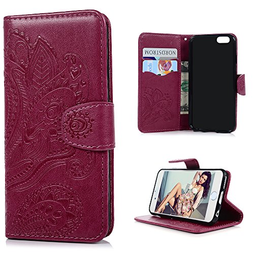 For iPhone 6 Case, iPhone 6S Wallet Case, Premium Soft PU Leather Notebook Cover Embossed Totem Flower Design Case Kickstand Function Card Holder and ID Slot Slim Flip Protective Skin Shell, Rose