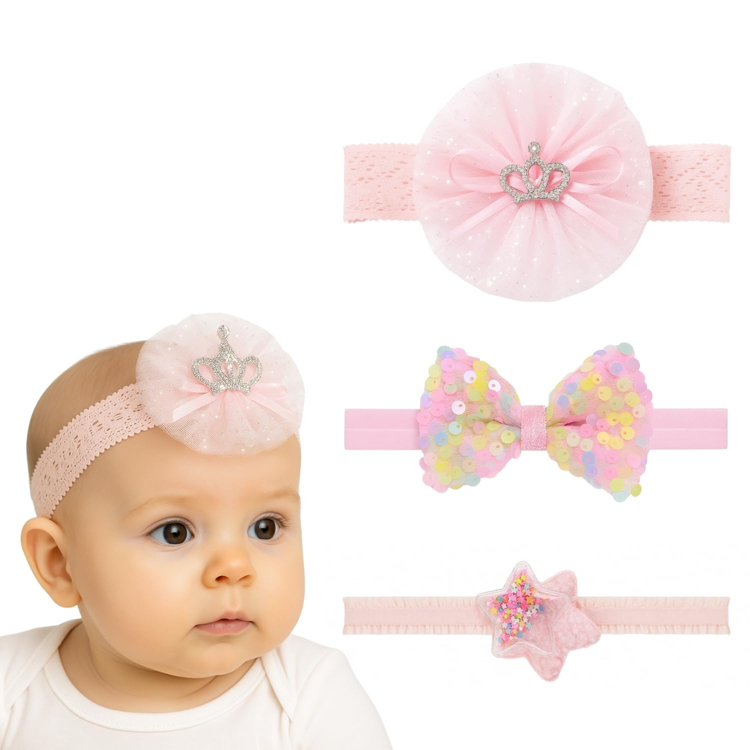 ANNA CREATIONS 3 Pcs Baby Headbands for Baby Girl & Boy, Soft Stretchy Hair Bands with Flower and Bow Design, Comfortable and Cute Hair Accessories for Newborn, Infant and Toddler Babies (Multicolor-8) (Pink-1)-image-40