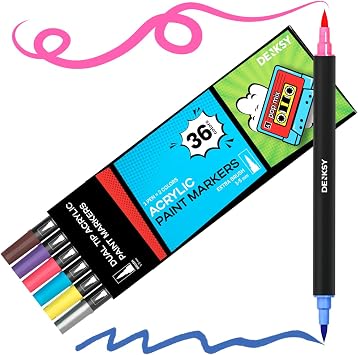 36 Dual Tip Acrylic Paint Markers Set | Colored Markers with Brush Tip | Art Markers for Adults | Acrylic Paint Pens for Rock Painting, Canvas, Glass, Wood, Ceramic, DIY Crafts, Fabric