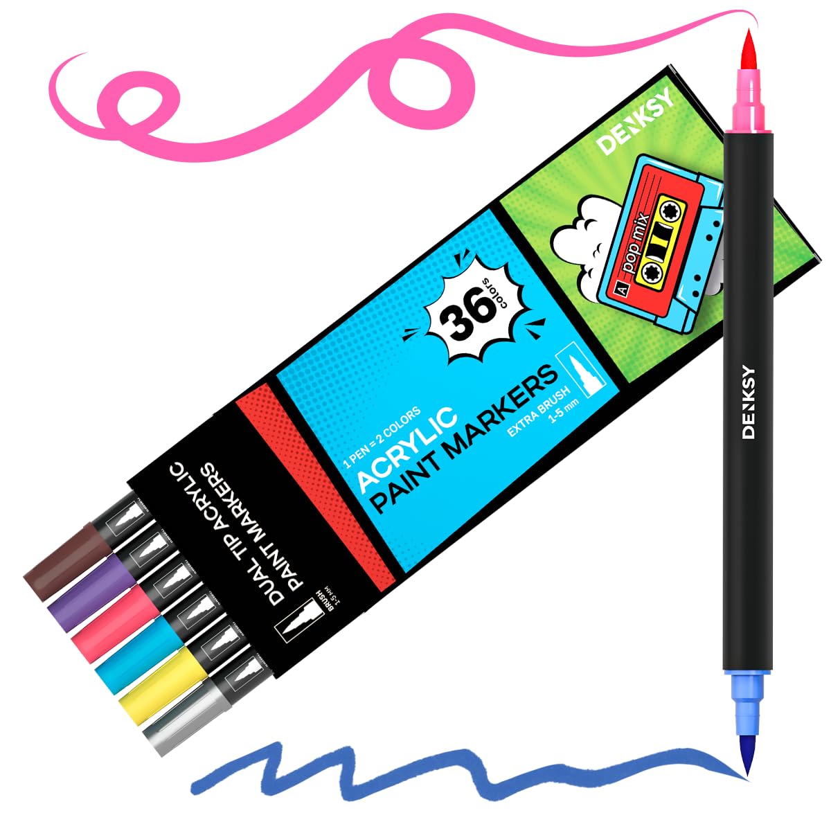 DENKSY 36 Dual Tip Acrylic Paint Markers Set | Coloured Markers with Brush Tip | Art Markers for Adults | Acrylic Paint Pens for Rock Painting, Canvas, Glass, Wood, Ceramic, DIY Crafts, Fabric