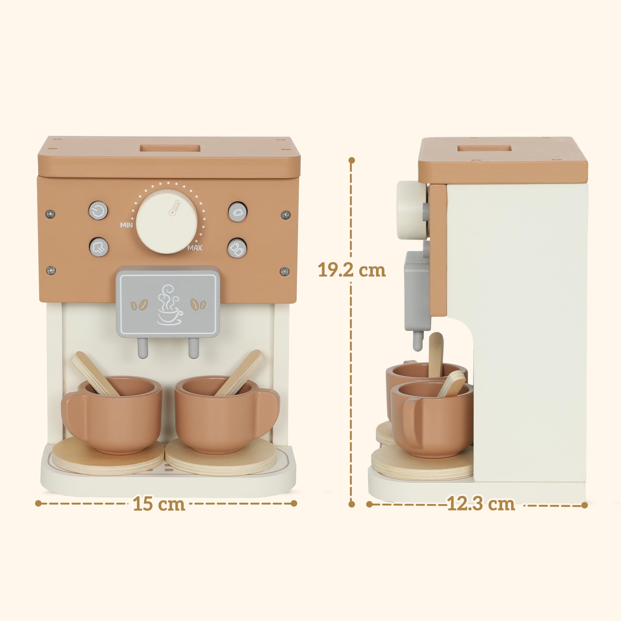 AIYAPLAY Set Macchina del Caffè Giocattolo in Legno, Gioco in Legno per Bambini da 3 Anni in Su con Pulsanti e Accessori, Marrone