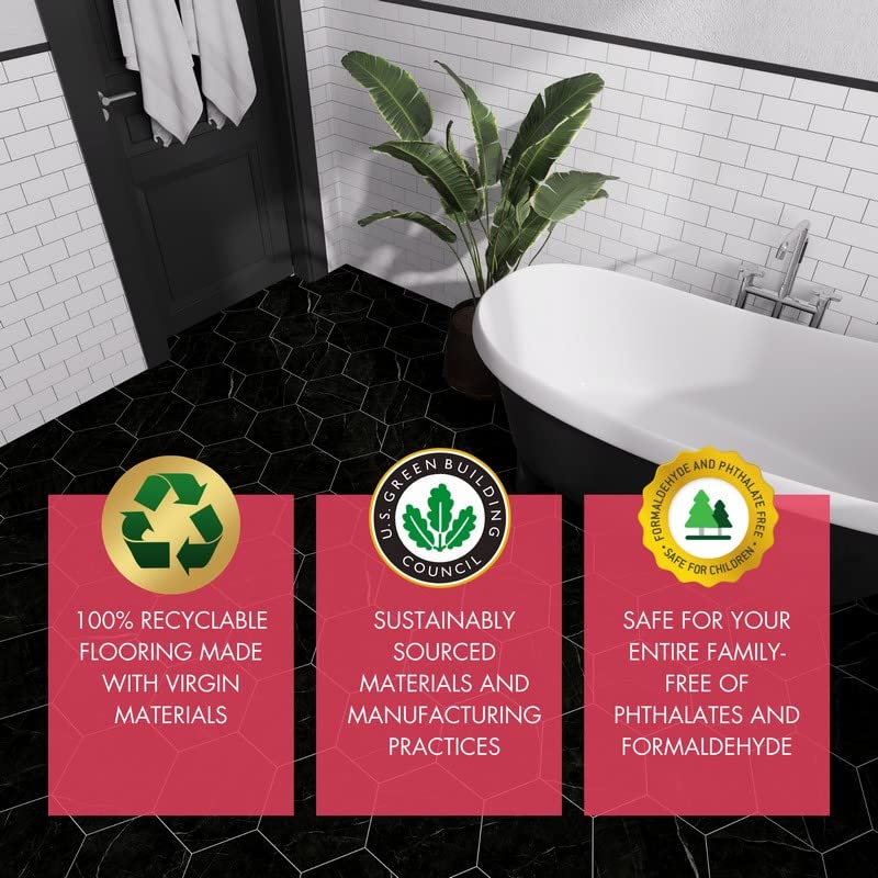 Icons indicating 100% recyclable, US Green Building Council certified, and safe for family (phthalate and formaldehyde free).