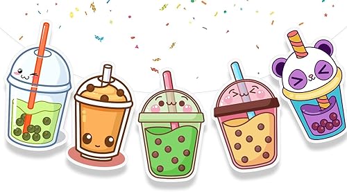 Cartel de cumpleaños Boba de 5 piezas, decoraciones de fiesta temática de té con leche de verano para amantes del té de burbujas, suministros de
